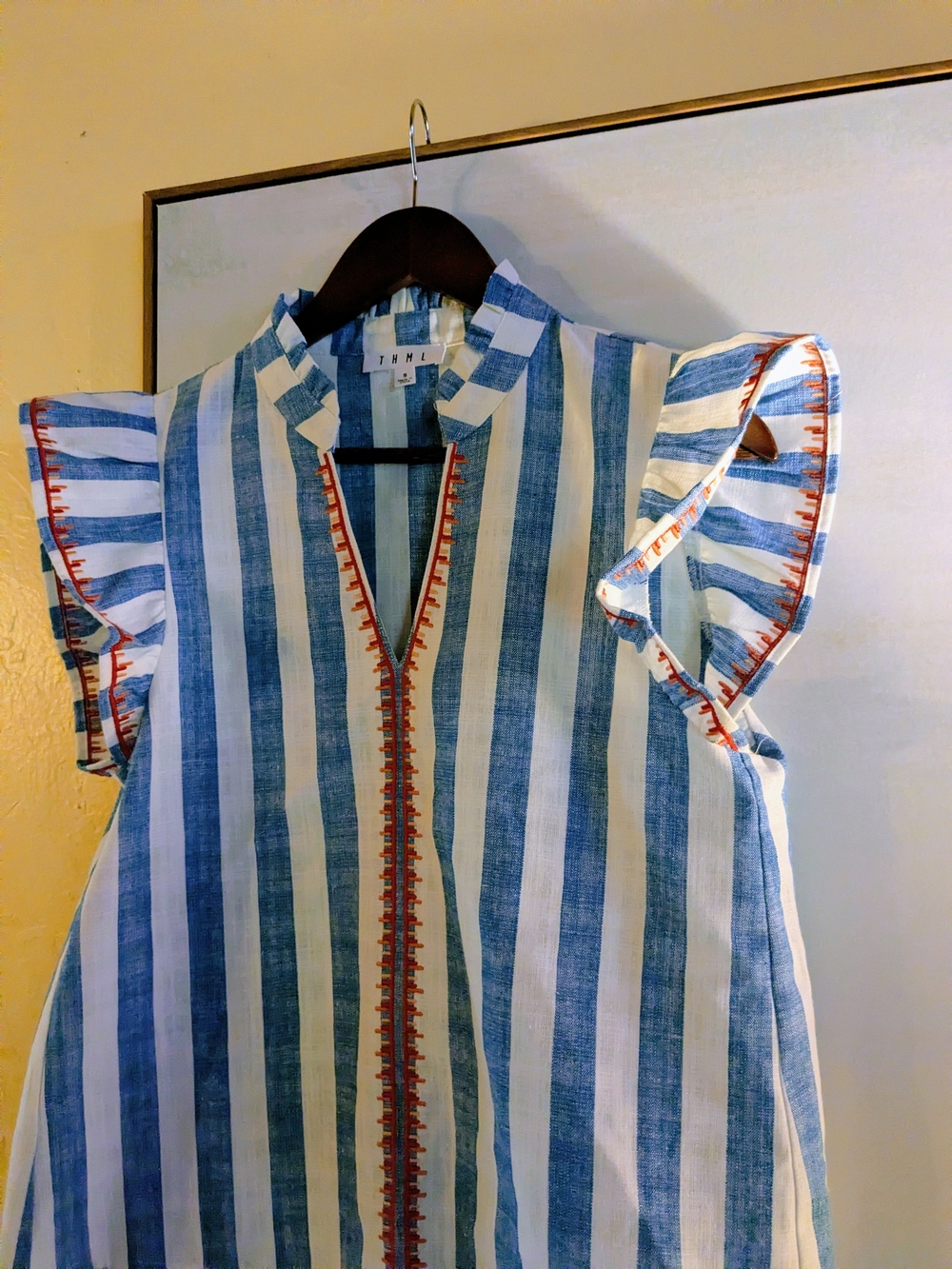 THML Blue and White Striped Flutter Sleeve Tunic Top